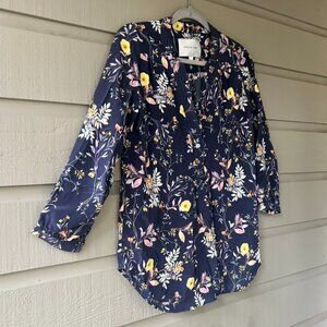 Amour Vert Navy 100% Silk Blue Floral Tunic/Blouse Size XS